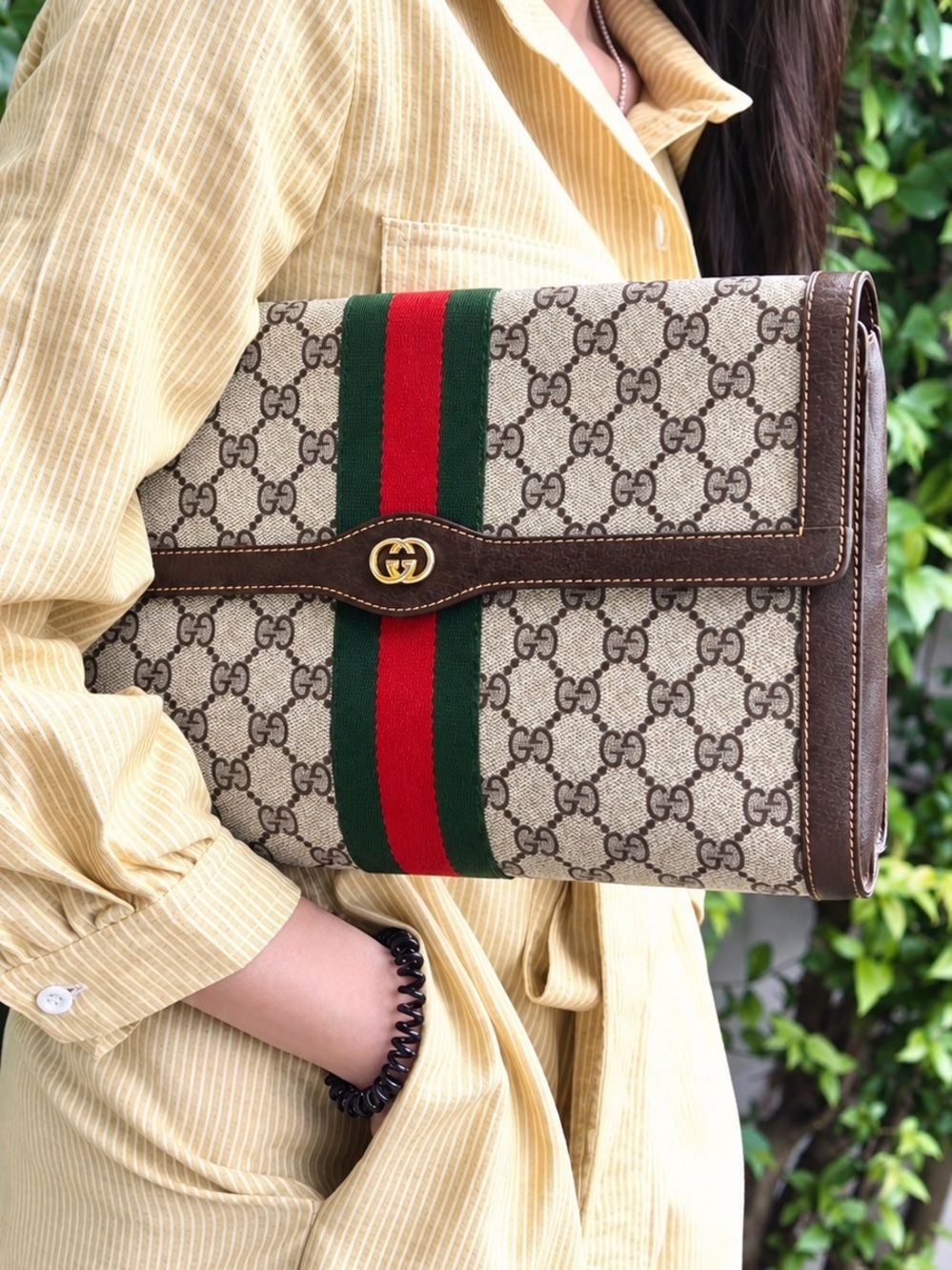 Auth Gucci Brown Ophida Large Clutch Bag sherry Web stripe GG Supreme vintage 🤩